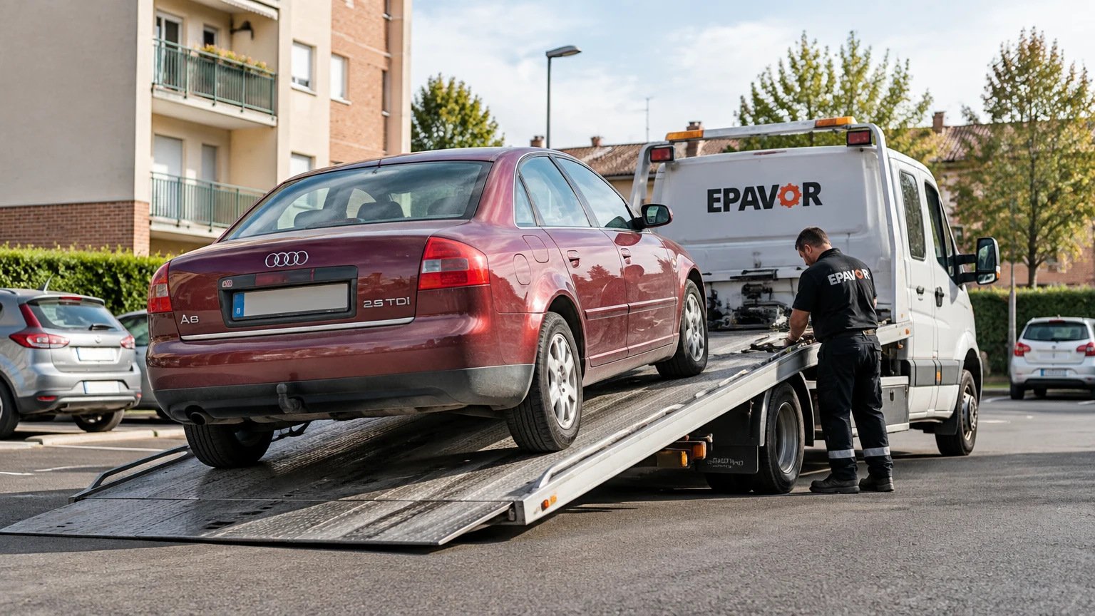 Illustration d’un enlèvement d’épave à Tergnier avec une dépanneuse — service d’épaviste.