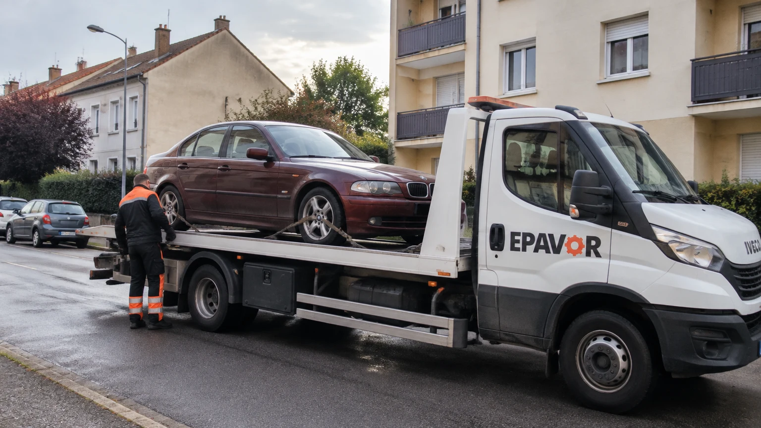 Illustration d’un enlèvement d’épave à Thionville avec une dépanneuse — service d’épaviste.