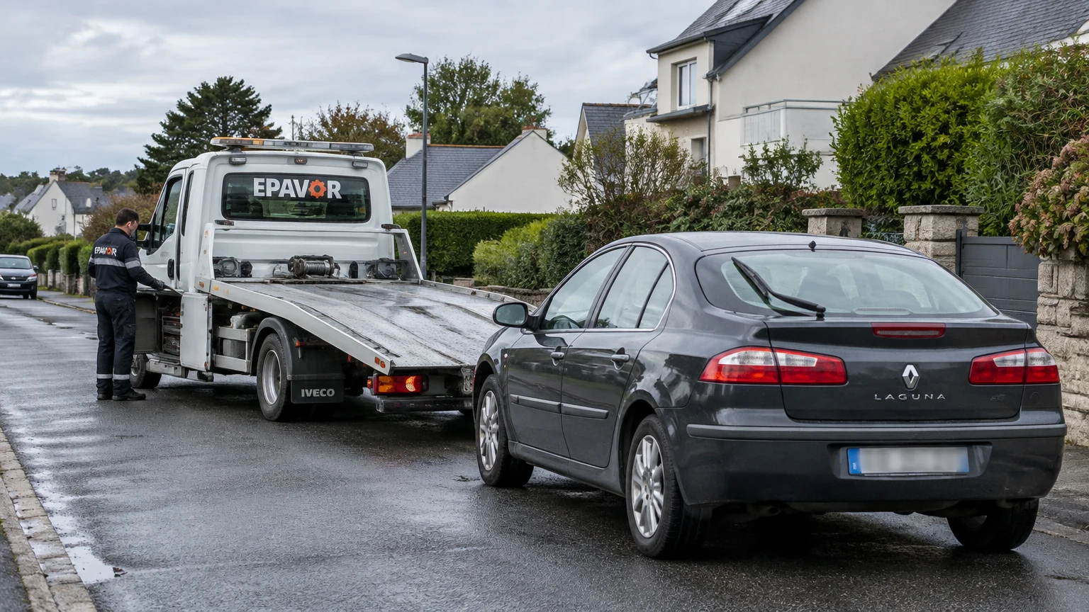Illustration d’un enlèvement d’épave à Trébeurden avec une dépanneuse — service d’épaviste.