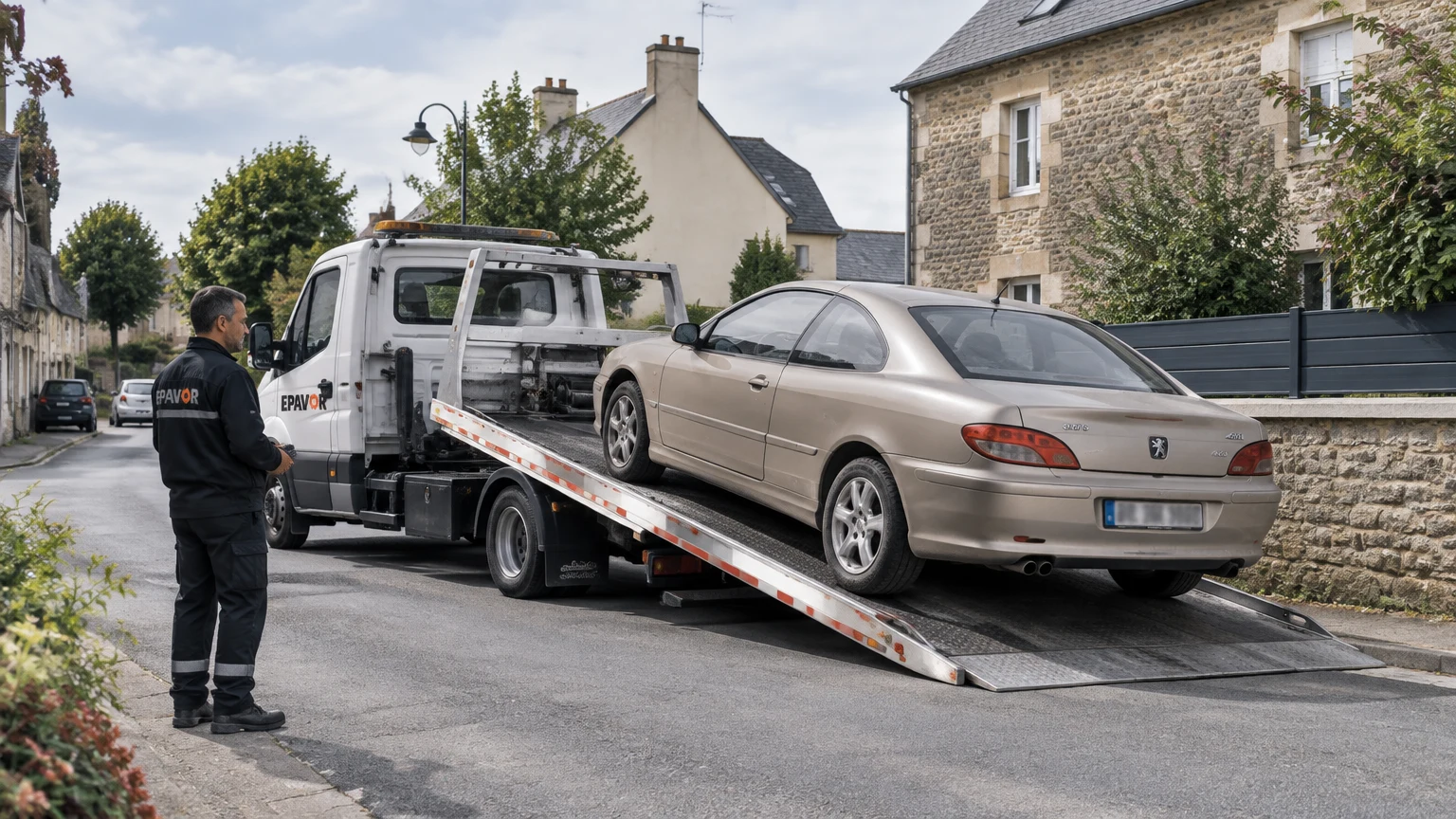 Illustration d’un enlèvement d’épave à Treffléan avec une dépanneuse — service d’épaviste.