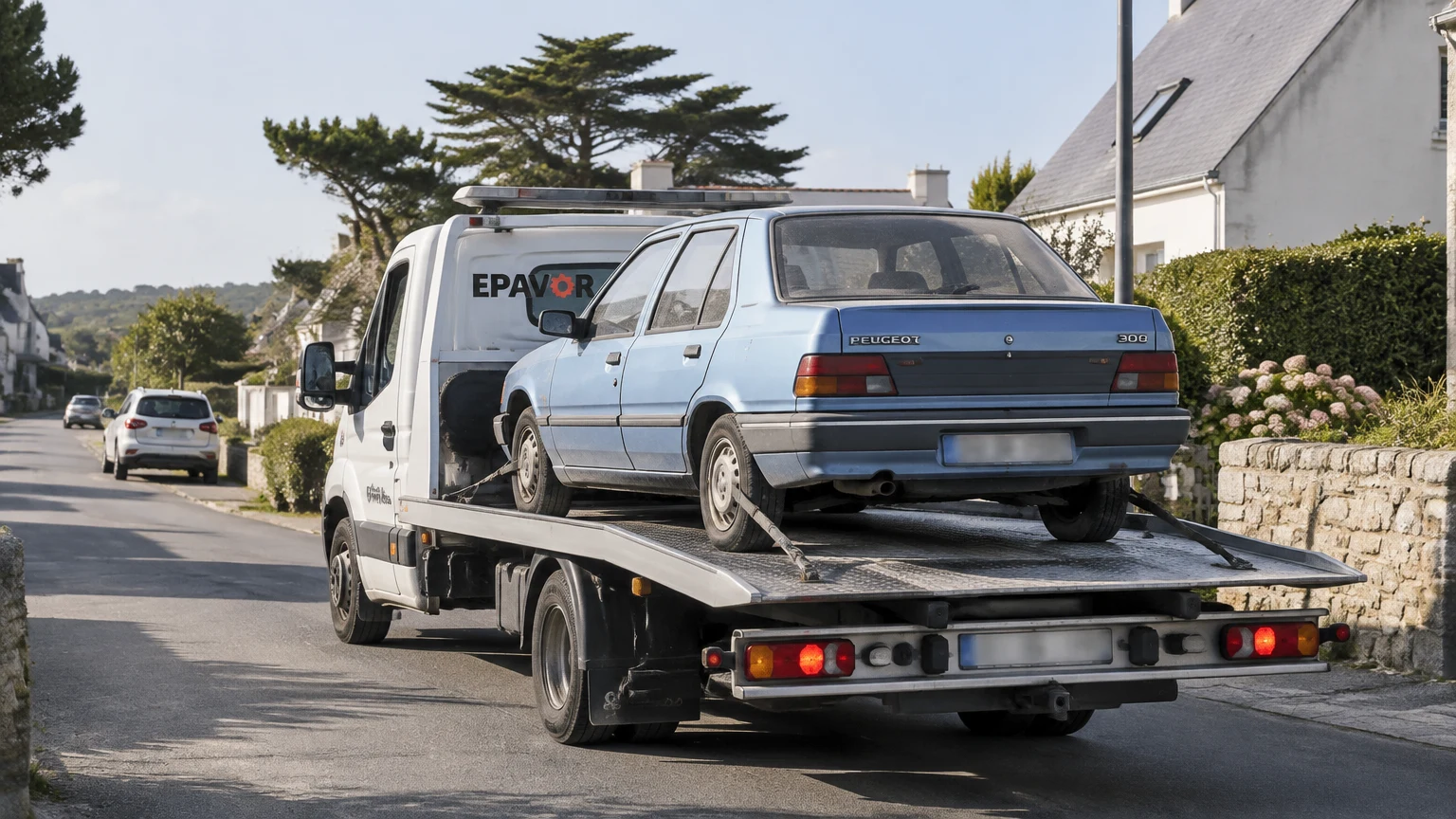 Illustration d’un enlèvement d’épave à Trégastel avec une dépanneuse — service d’épaviste.