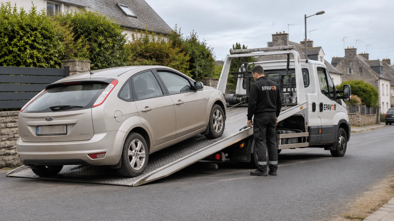 Illustration d’un enlèvement d’épave à Tréméven avec une dépanneuse — service d’épaviste.