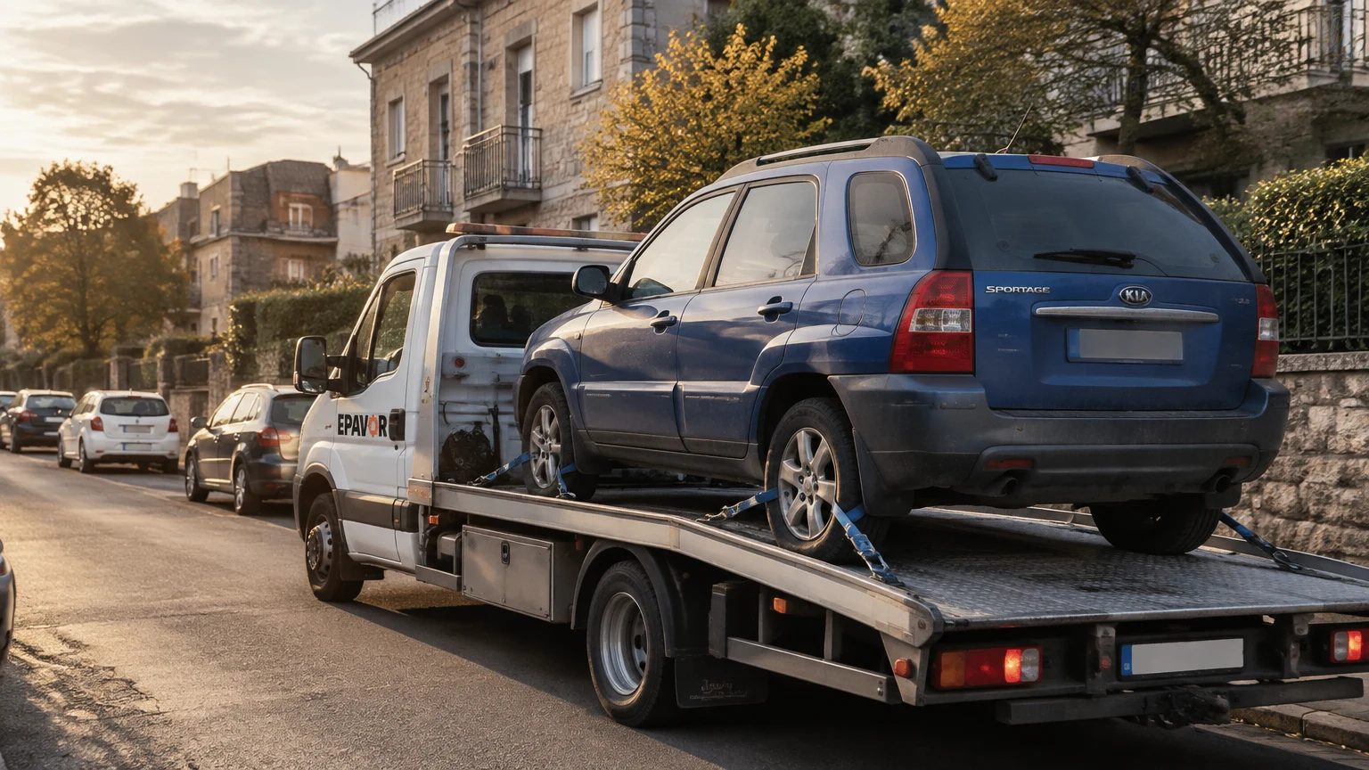 Illustration d’un enlèvement d’épave à Triel-sur-Seine avec une dépanneuse — service d’épaviste.