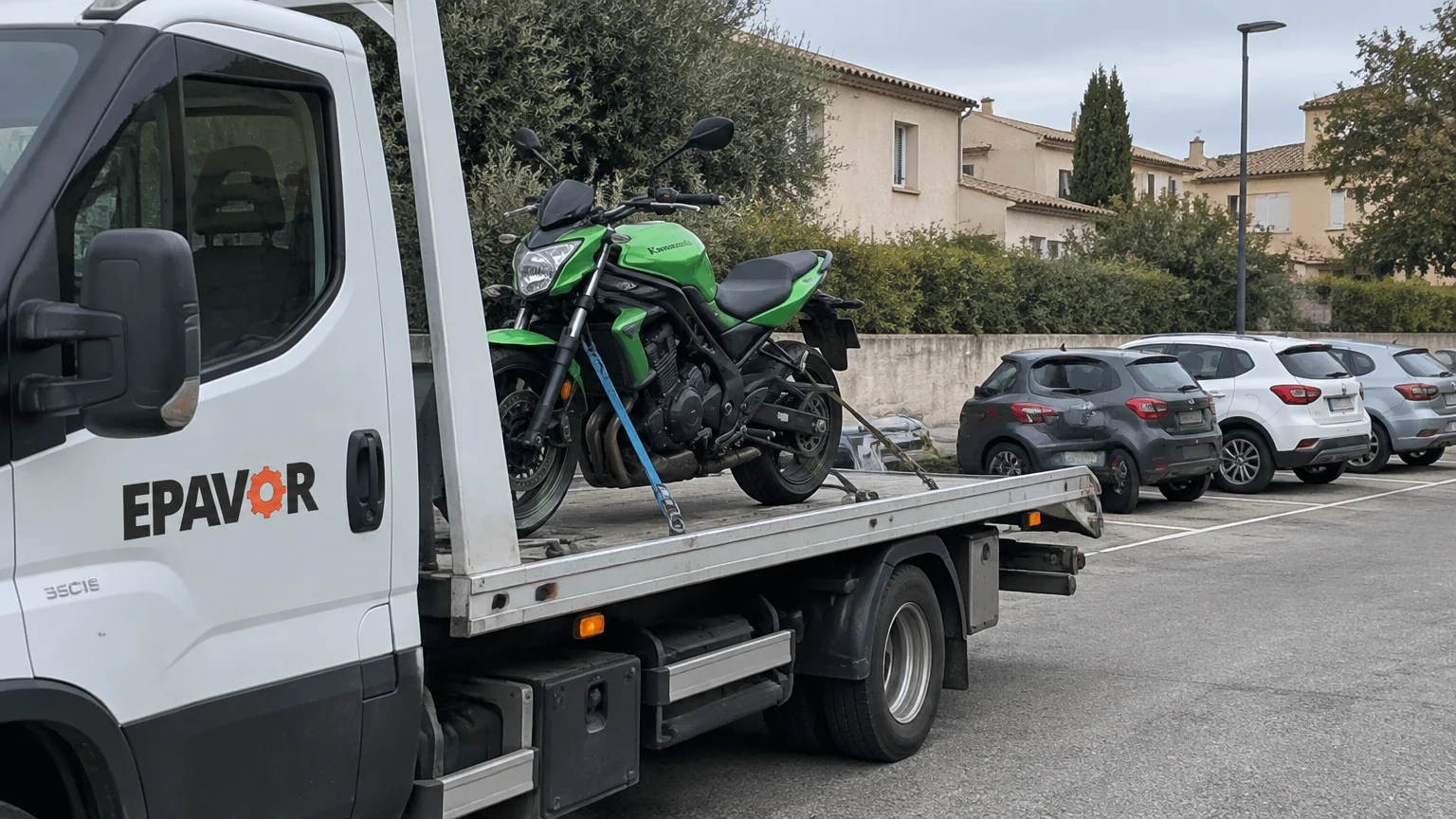Illustration d’un enlèvement d’épave à Vauvert avec une dépanneuse — service d’épaviste.