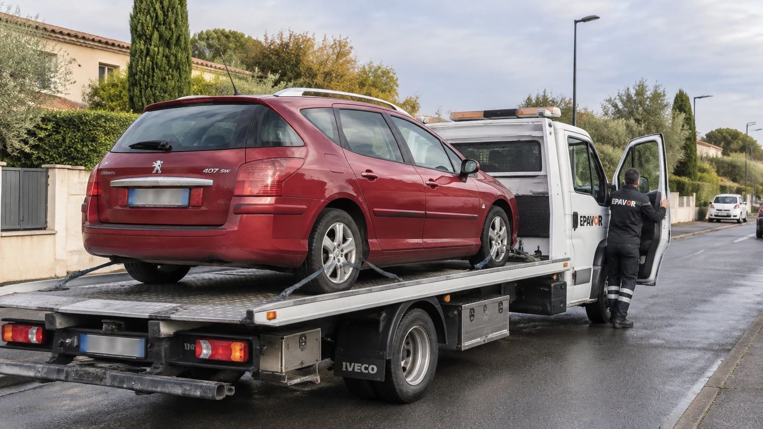 Illustration d’un enlèvement d’épave à Vendargues avec une dépanneuse — service d’épaviste.