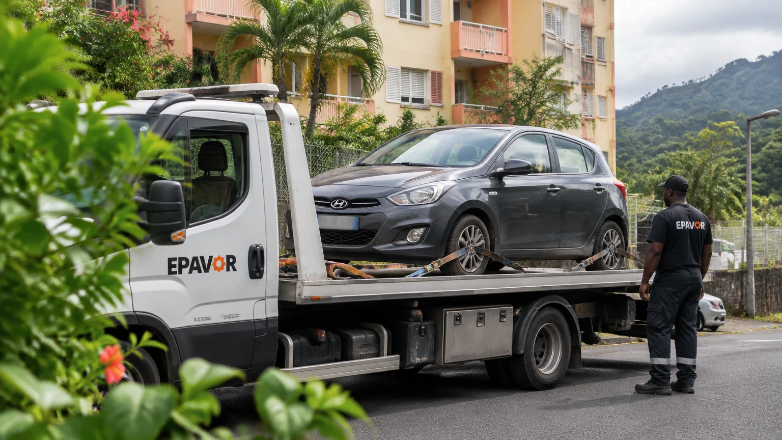 Illustration d’un enlèvement d’épave à Vieux-Habitants avec une dépanneuse — service d’épaviste.