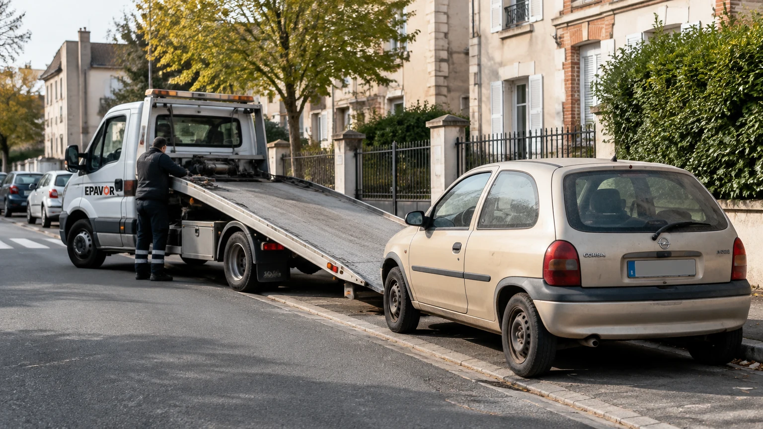 Illustration d’un enlèvement d’épave à Villeparisis avec une dépanneuse — service d’épaviste.