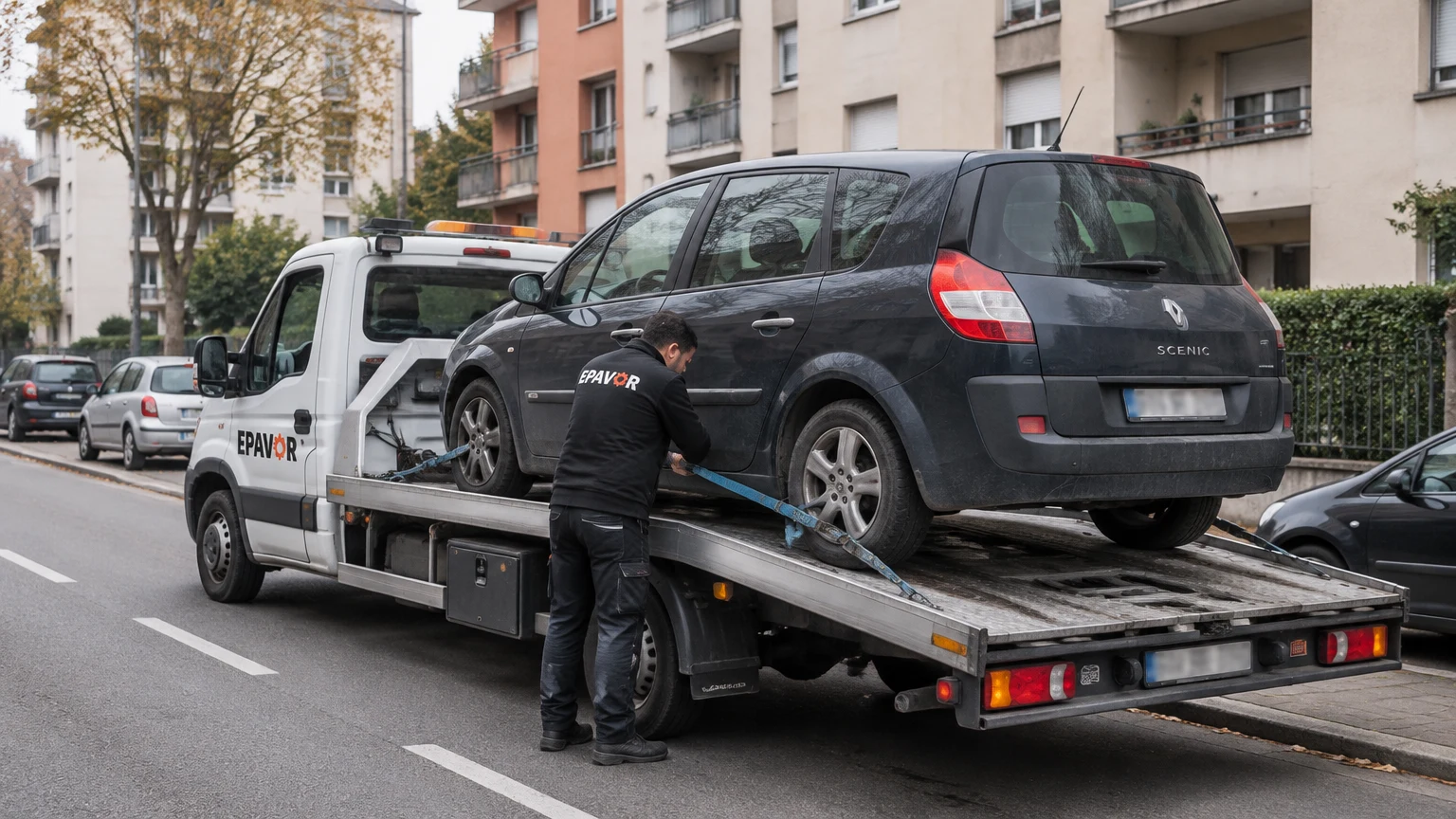 Illustration d’un enlèvement d’épave à Villeurbanne avec une dépanneuse — service d’épaviste.