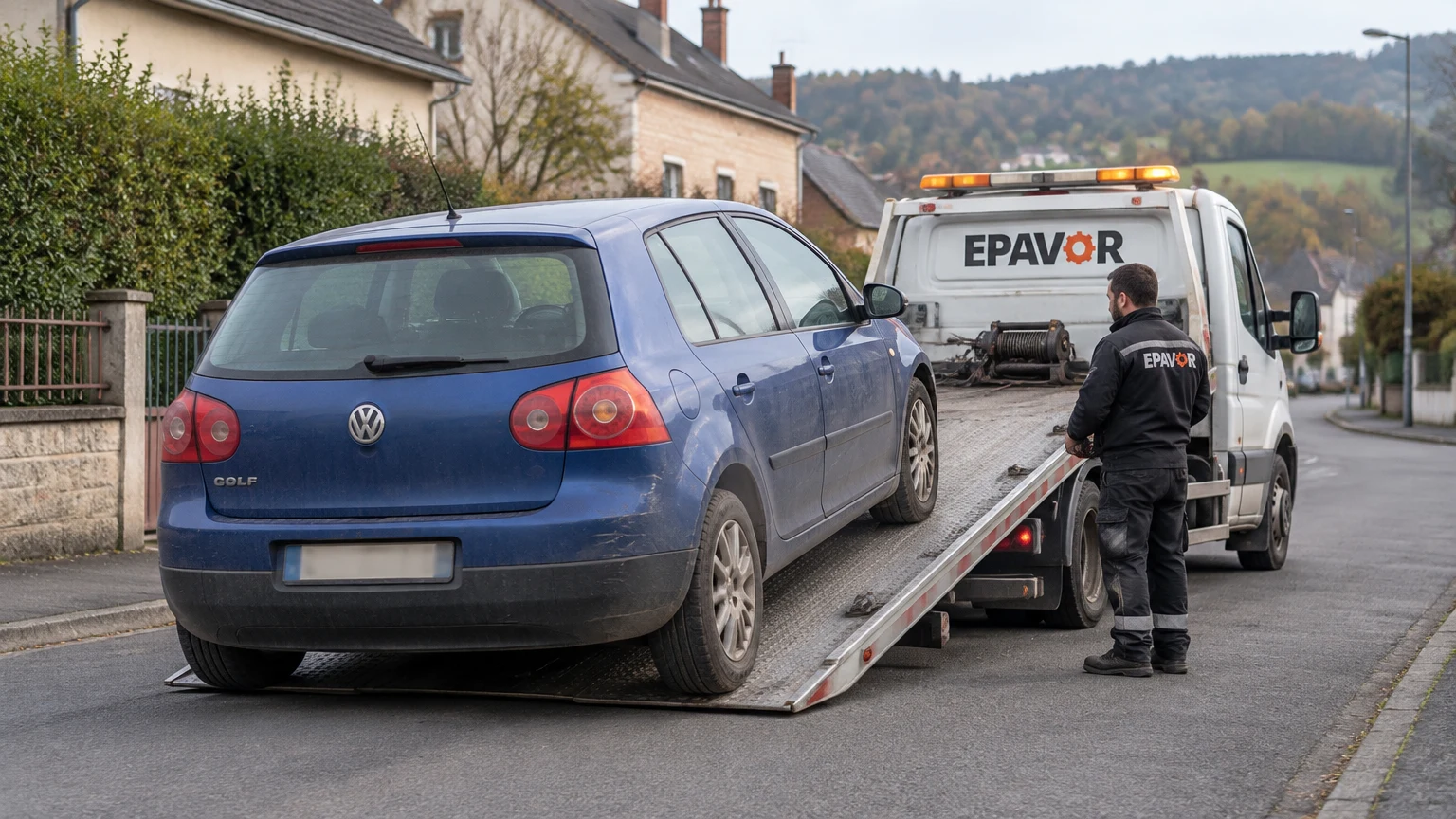 Illustration d’un enlèvement d’épave à Vimoutiers avec une dépanneuse — service d’épaviste.